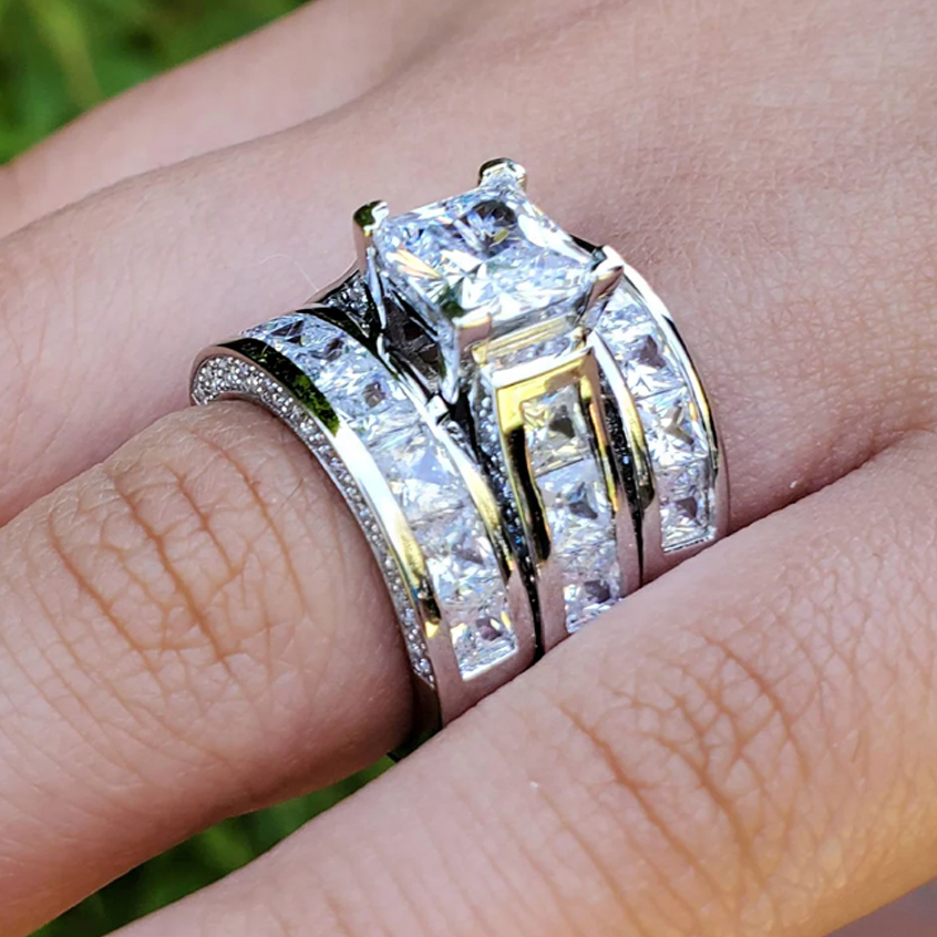 Stylish 6 ctw Square & Round Cut White Gemstone 3 Piece Engagement Ring Set -JOSHINY