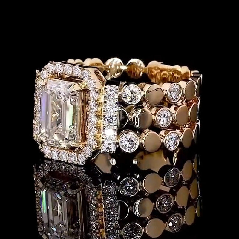 4.0ctw Emerald Cut Gemstone Gold Bead Alternating Multi-Row Gemstone Ring -JOSHINY