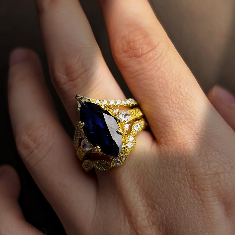 5.96ctw Marquise-cut Blue Sapphire Art Deco Ring Set-JOSHINY