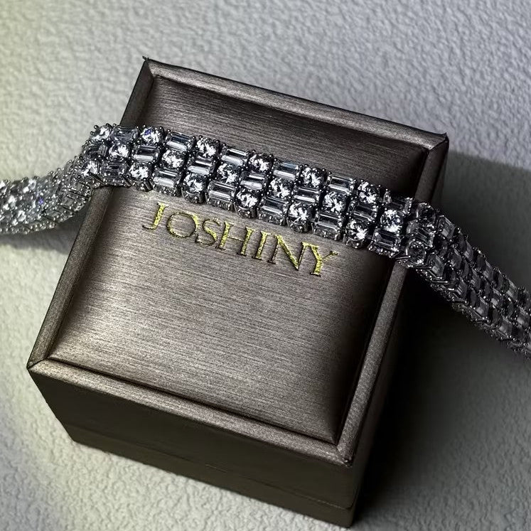 50 CTW Round and Emerald-Cut Three-Row Gemstone Bracelet-JOSHINY