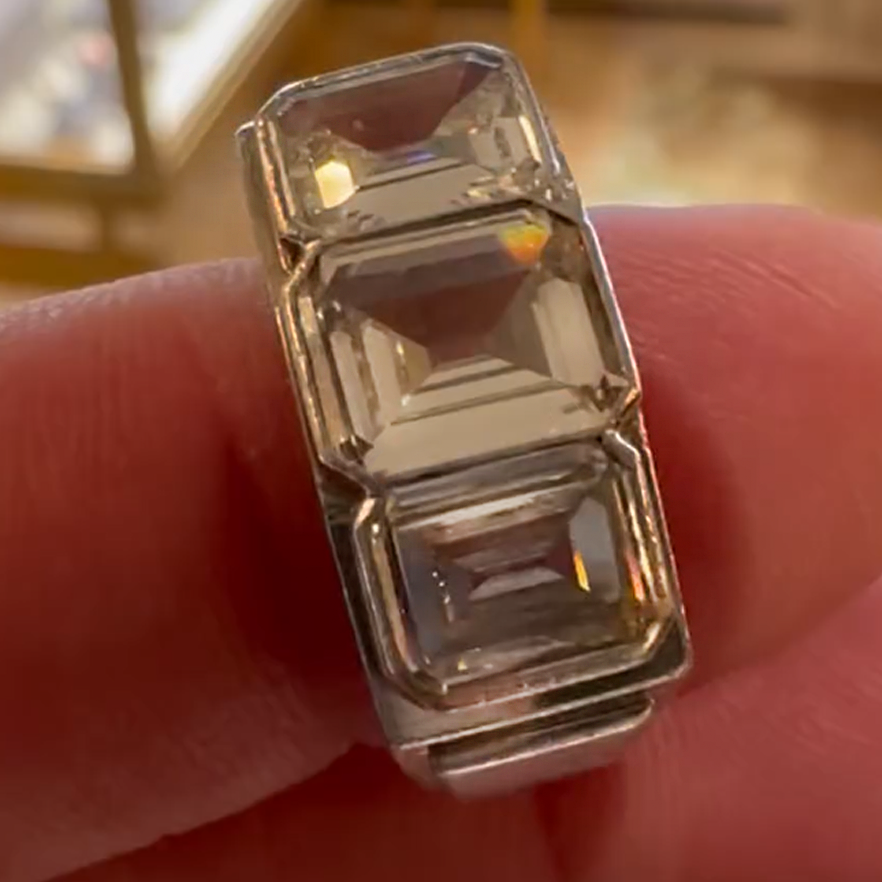 Simple 5 ctw Emerald Cut White Gemstone Tri-Stone Ring -JOSHINY