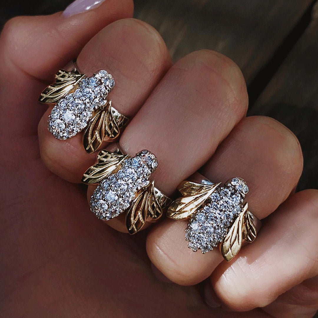 0.85ctw Round Cut Pave Set Two Tone Vintage Bee Ring -JOSHINY