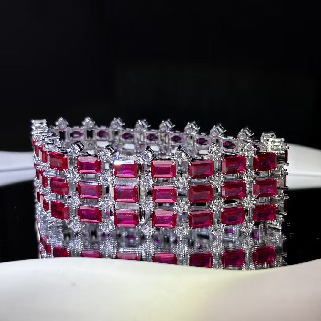 40 Ctw Emerald Cut Red Cubic Zirconia 925 Sterling Silver Bracelet-JOSHINY