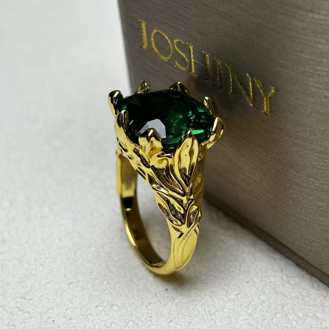 4Ctw Gold Leaf Carved Emerald Ring-JOSHINY