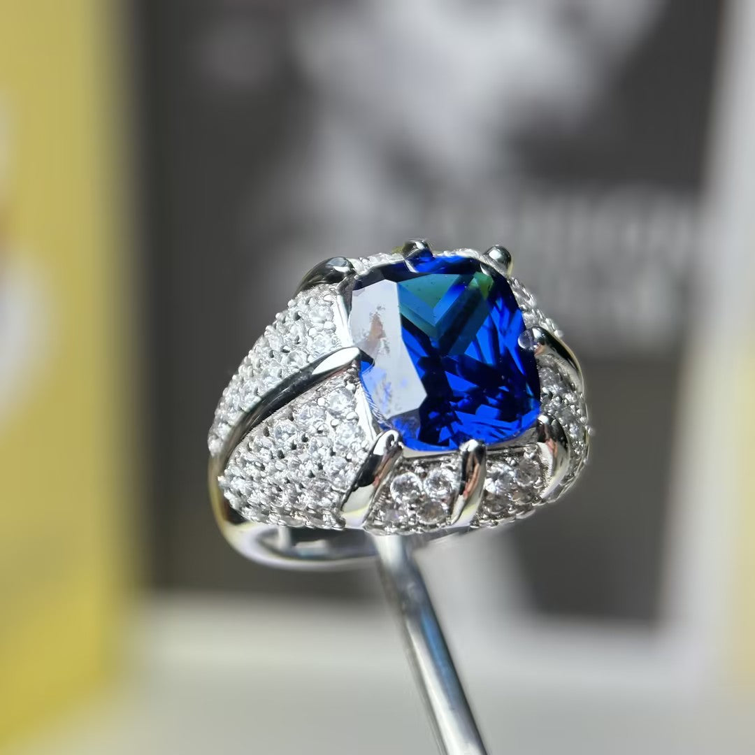 Elegant 8 ctw Emerald Cut Emerald Gemstone & Cushion Cut Sapphire Cocktail Ring -JOSHINY