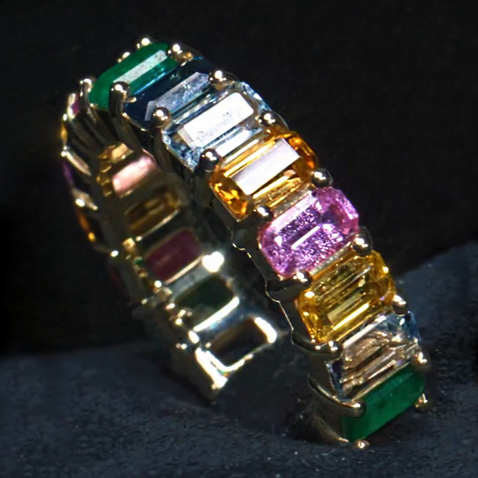 Stylish 3 ctw Emerald Cut Multi-Color Row Set Ring -JOSHINY