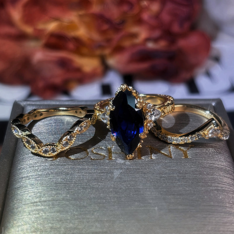 5.96ctw Marquise-cut Blue Sapphire Art Deco Ring Set-JOSHINY