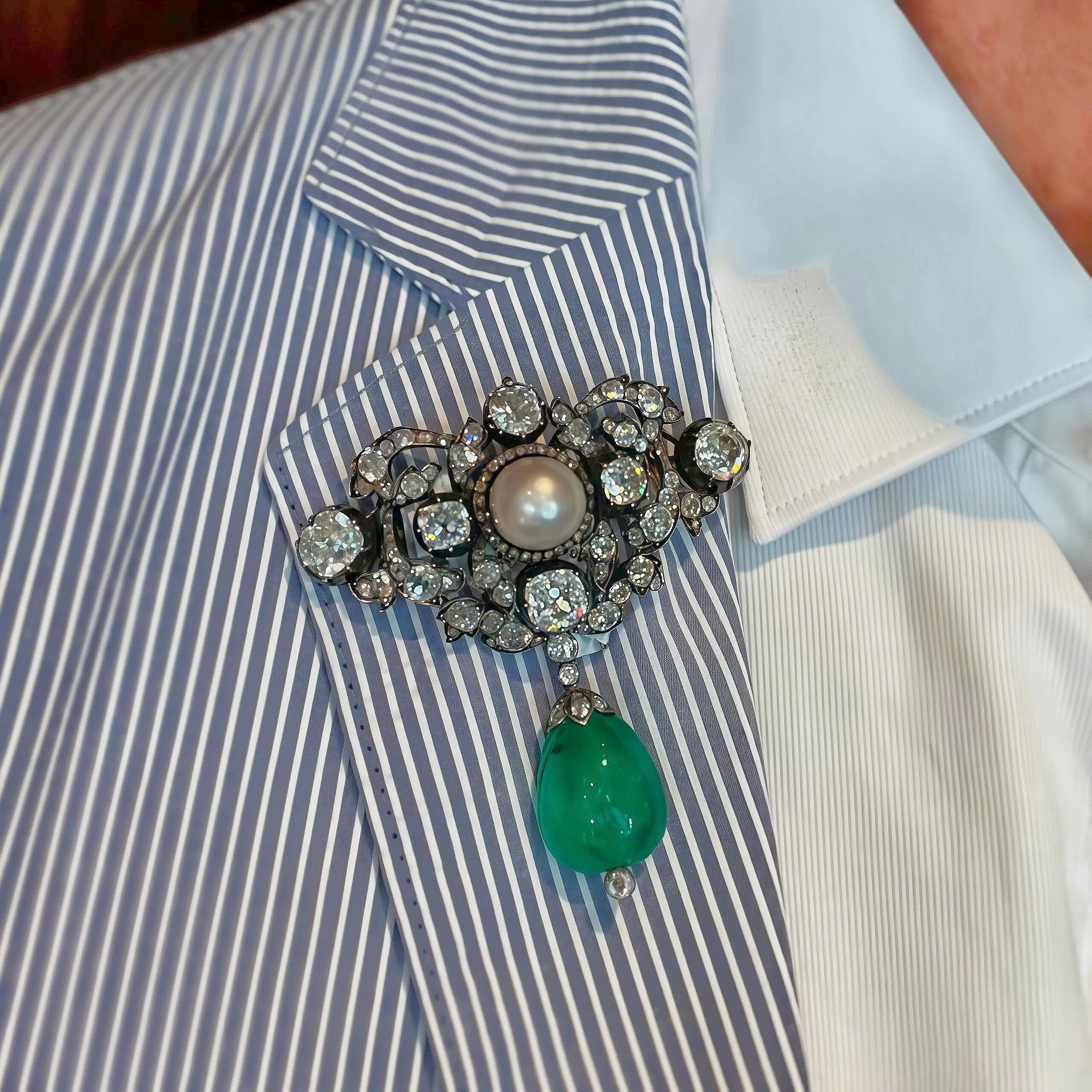 925 Sterling Silver Art Deco Emerald Teardrop Pendant Brooch-JOSHINY