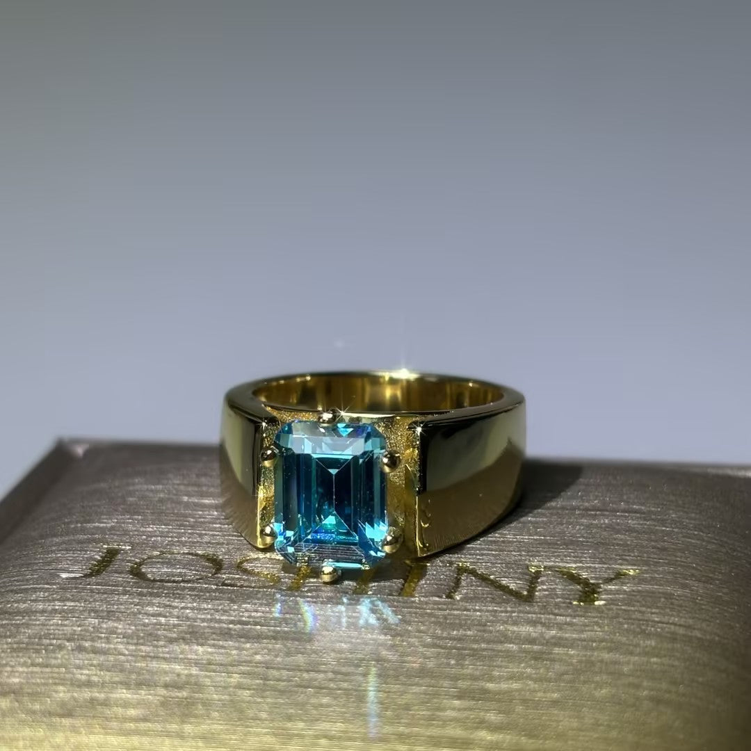 4 Carat Emerald-Cut Aquamarine & Sapphire Engagement Ring