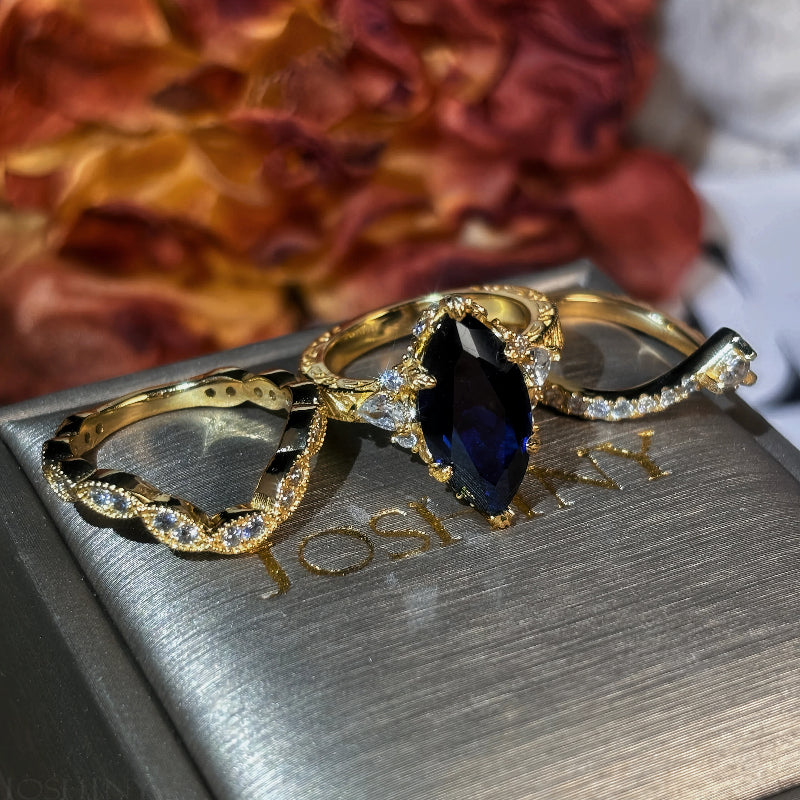 5.96ctw Marquise-cut Blue Sapphire Art Deco Ring Set-JOSHINY