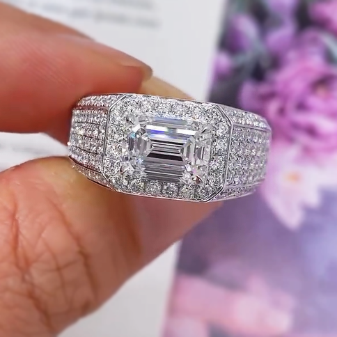 Gorgeous 6 ctw Emerald Cut White Gemstone Pavé Set Ring -JOSHINY