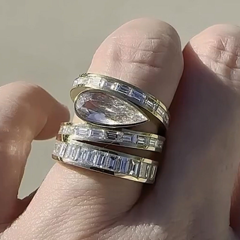 5.0ctw Pear Baguette Cut Three Ring Gemstone Ring -JOSHINY