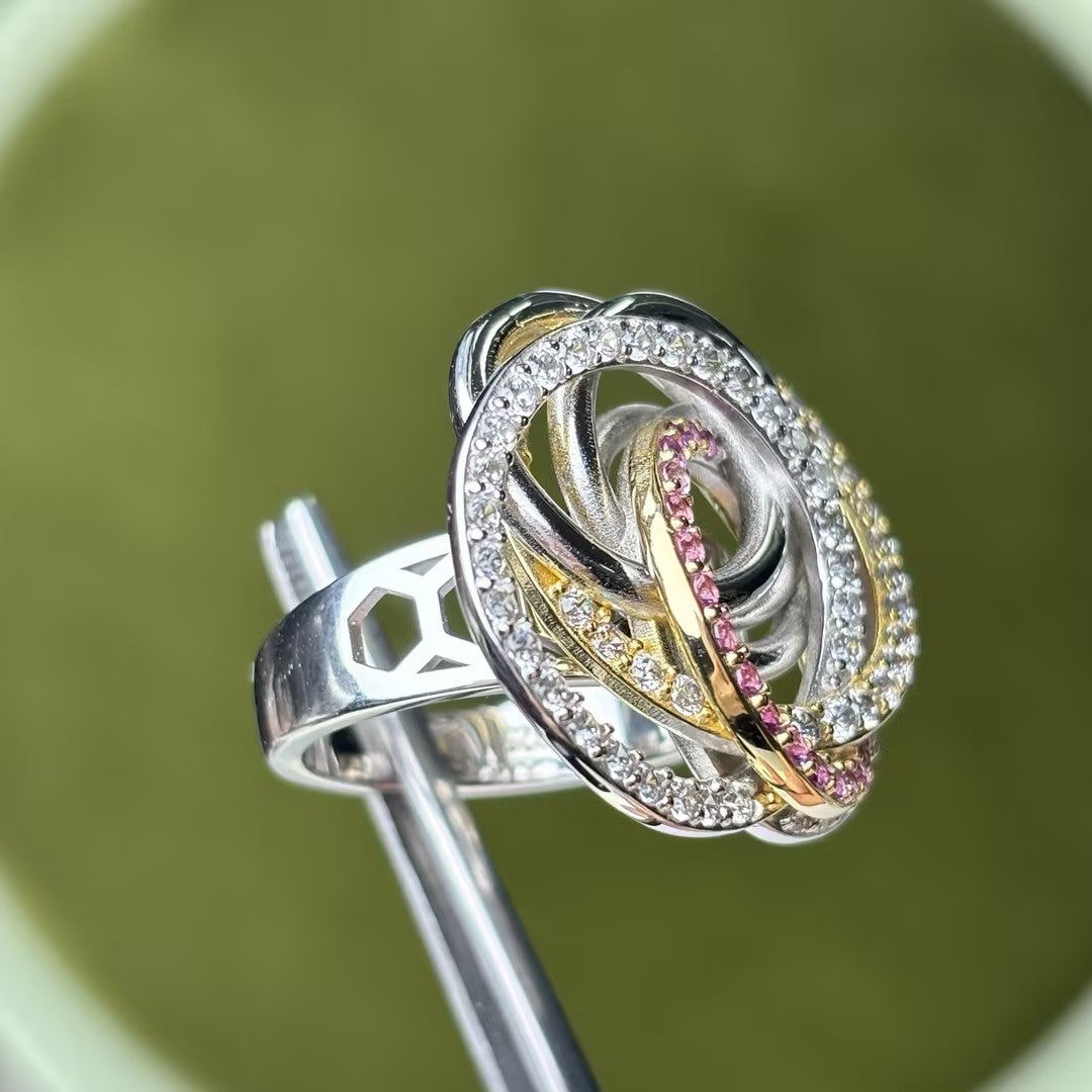 Unique 1 ctw Round Cut White & Pink Gemstone Two-Tone Ring -JOSHINY