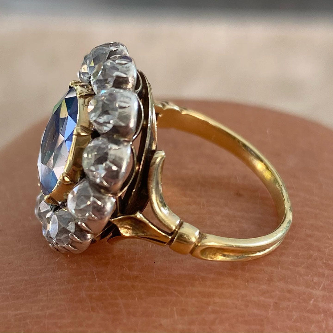 7.0ctw Old Mine Cut Antique Blue Gemstone Ring -JOSHINY