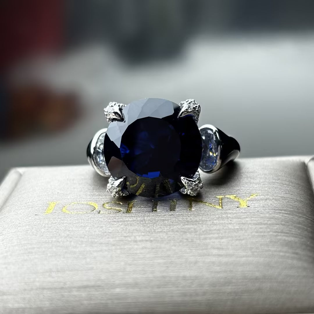 10Ctw Stunning Three-Stone Artistic Blue Gemstone Engagement Ring-JOSHINY