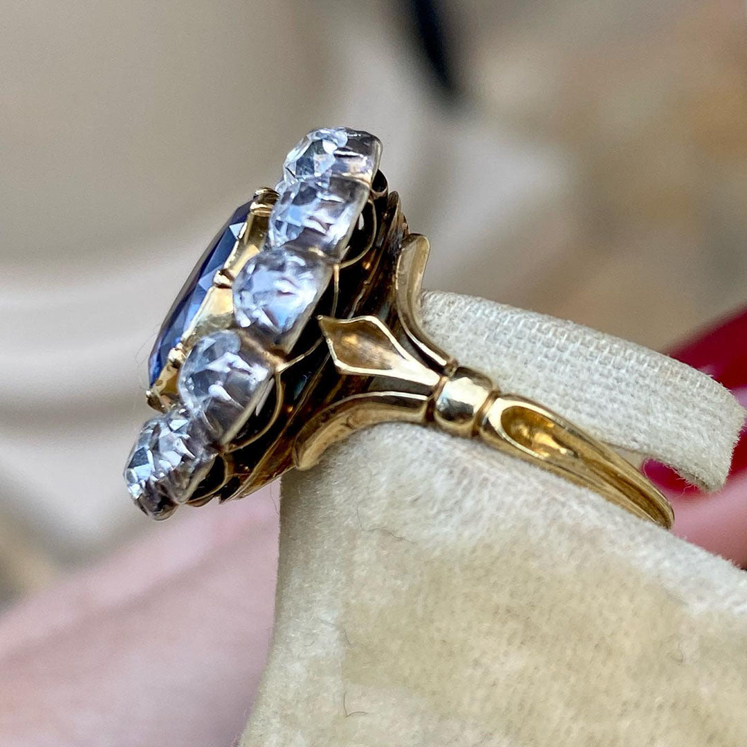 7.0ctw Old Mine Cut Antique Blue Gemstone Ring -JOSHINY