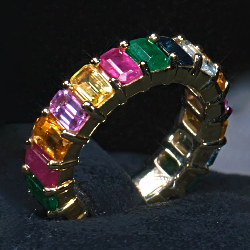 Stylish 3 ctw Emerald Cut Multi-Color Row Set Ring -JOSHINY
