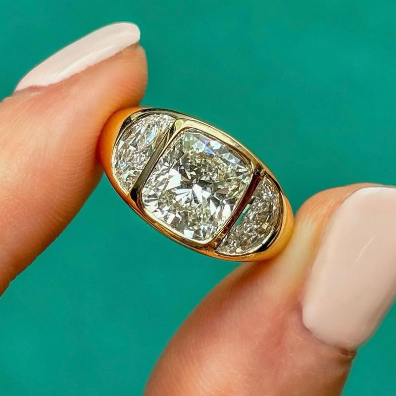 6ctw bezel set cushion cut and half moon cut three stone engagement ri