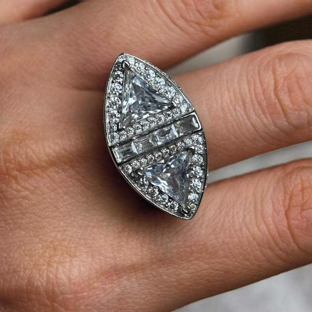 Stylish 9 ctw Triangle Cut White Gemstone Twin Stone Cocktail Ring -JOSHINY