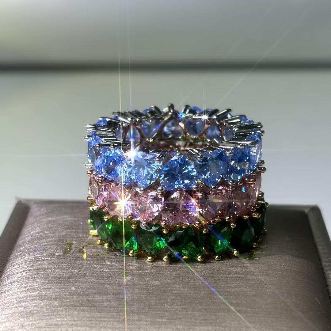 8.0Ctw Tricolor Heart-Shaped Gemstone Stacked Ring-JOSHINY