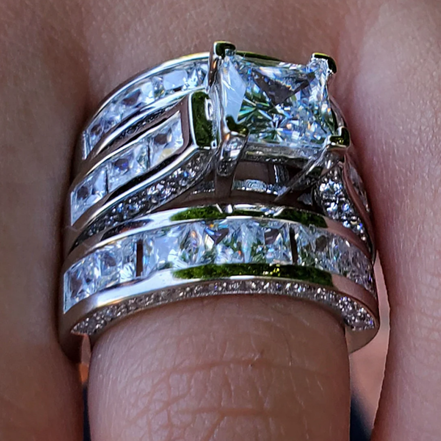 Stylish 6 ctw Square & Round Cut White Gemstone 3 Piece Engagement Ring Set -JOSHINY