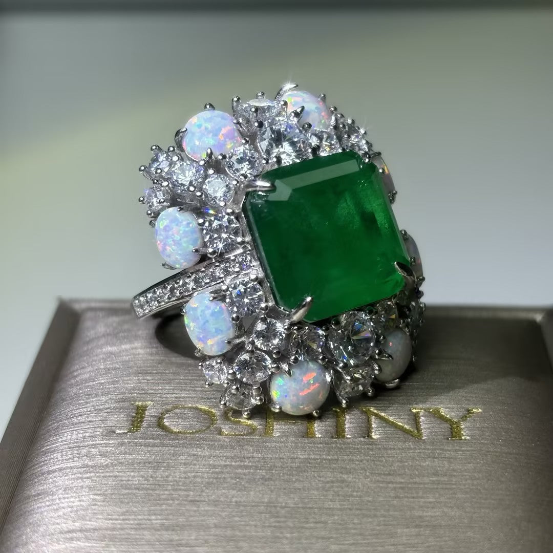 9.5Ctw Asscher Cut Emerald and Round Opal Engagement Ring-JOSHINY