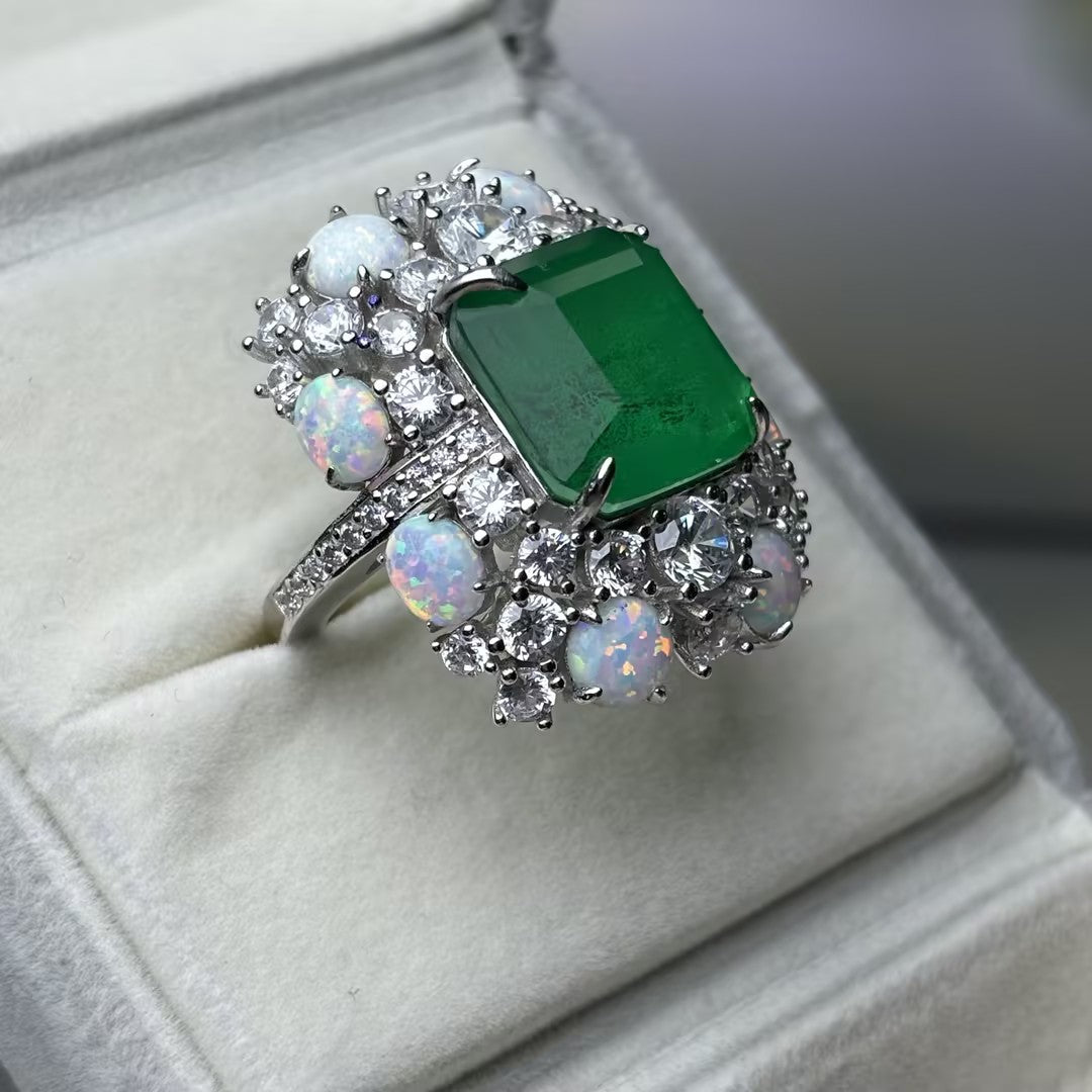 9.5Ctw Asscher Cut Emerald and Round Opal Engagement Ring-JOSHINY