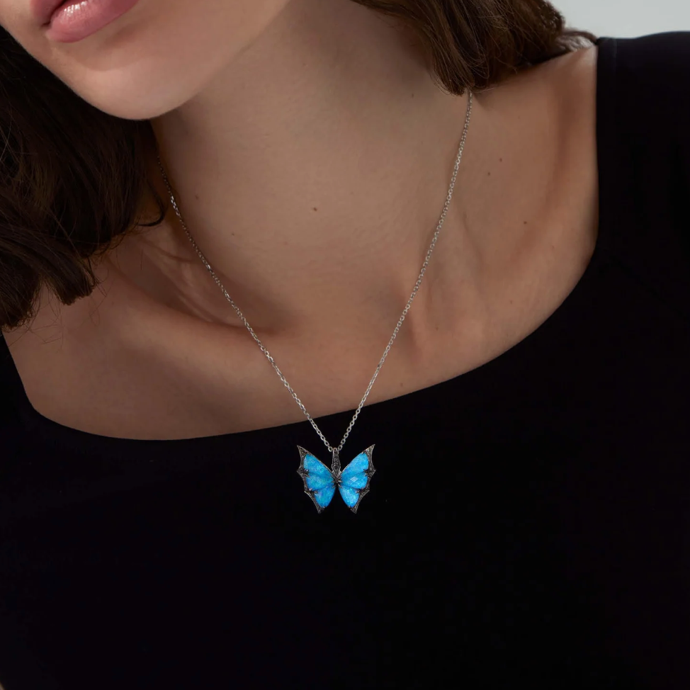 Blue opal crystal butterfly ring, necklace, and earring set-JOSHINY(necklace)