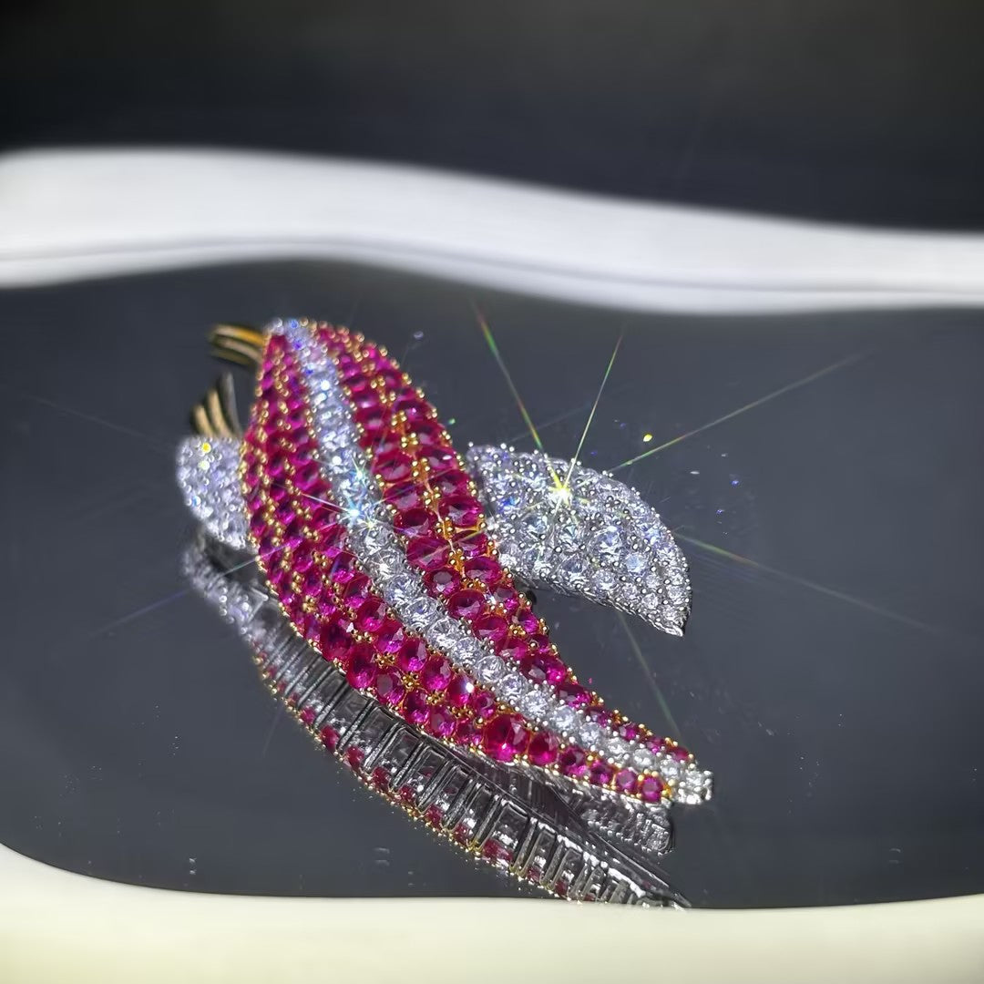 2.65 Ctw Round Cut White & Red Cubic Zirconias 925 Sterling Silver Double-leaf ruby brooch-JOSHINY