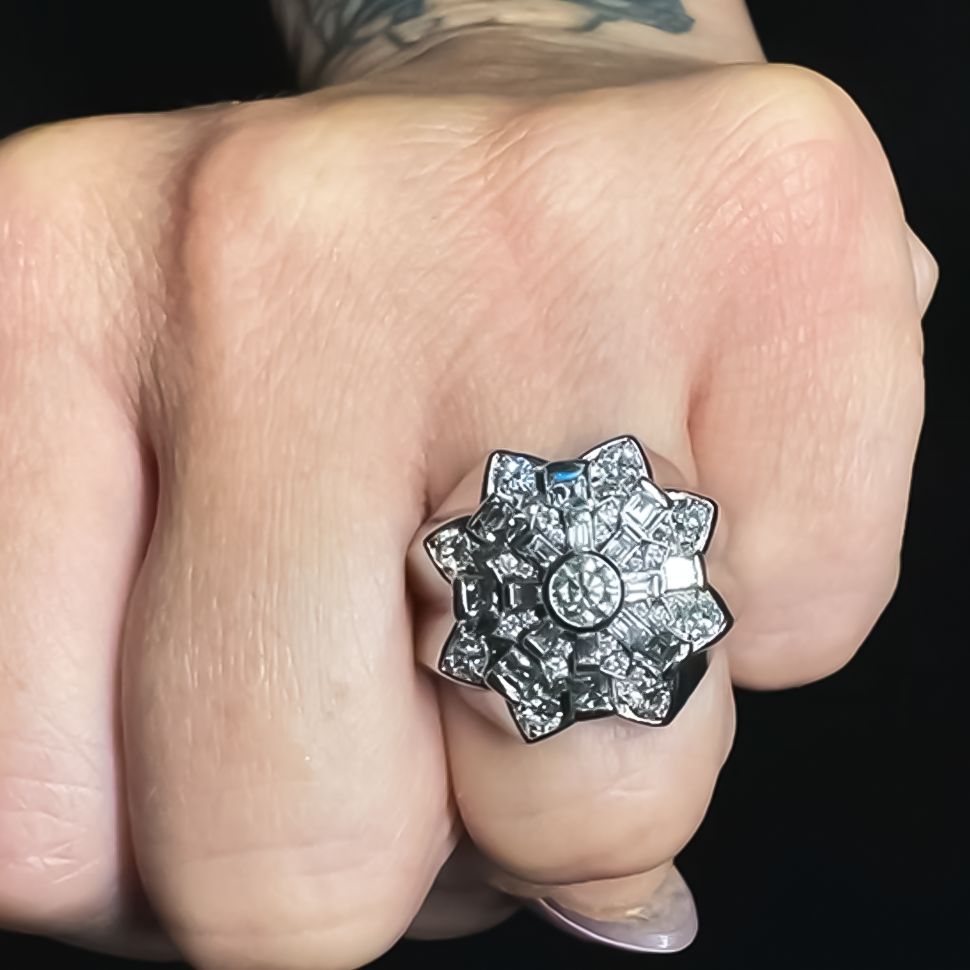 Stylish 4 ctw Round & Baguette & Square Cut White Gemstone Octagonal Star Seal Ring -JOSHINY