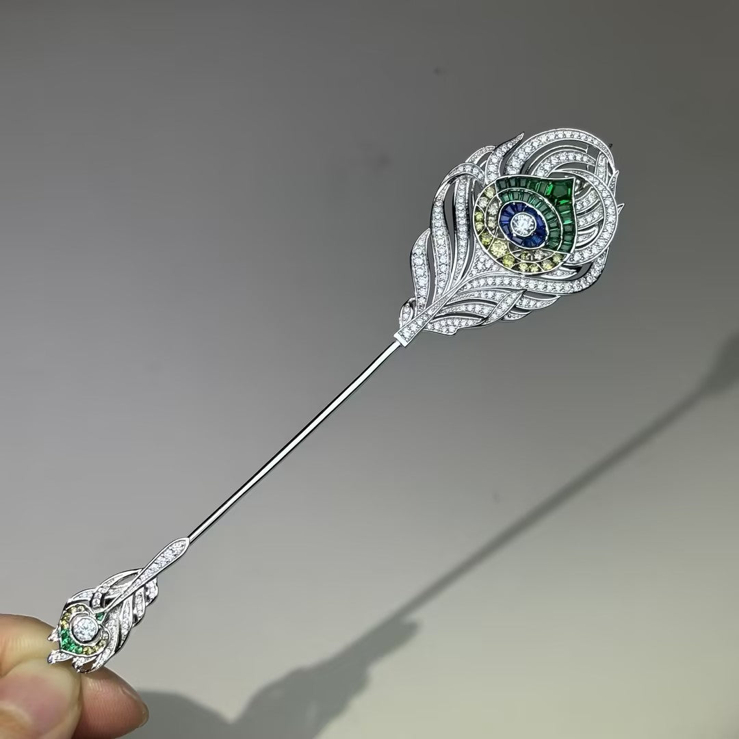 Peacock feather gemstone brooch-JOSHINY