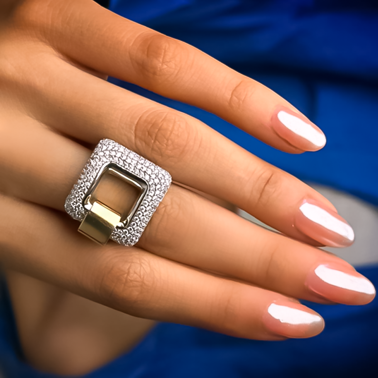 Stylish 1.5 ctw Round Cut White Gemstone Two Tone Pavé Square Buckle Ring -JOSHINY