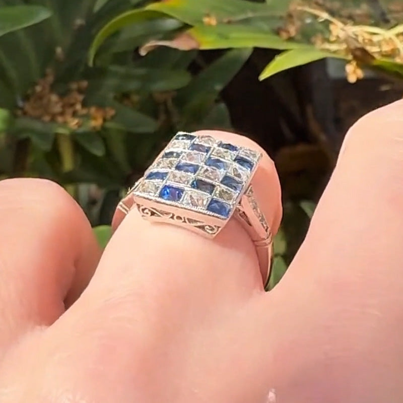 2.25ctw Art Deco Princess Cut Blue and White Gemstone Ring -JOSHINY