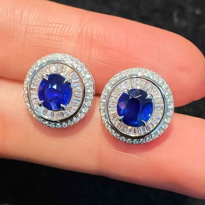 Classic 3 ctw  Round Cut Sapphire Halo Stud Earrings -JOSHINY