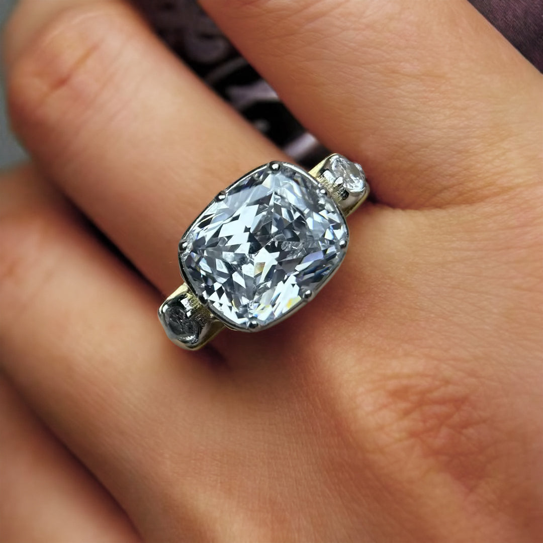 5ctw Elongated Cushion-Cut Signature Three-Stone Antique Ring-JOSHINY