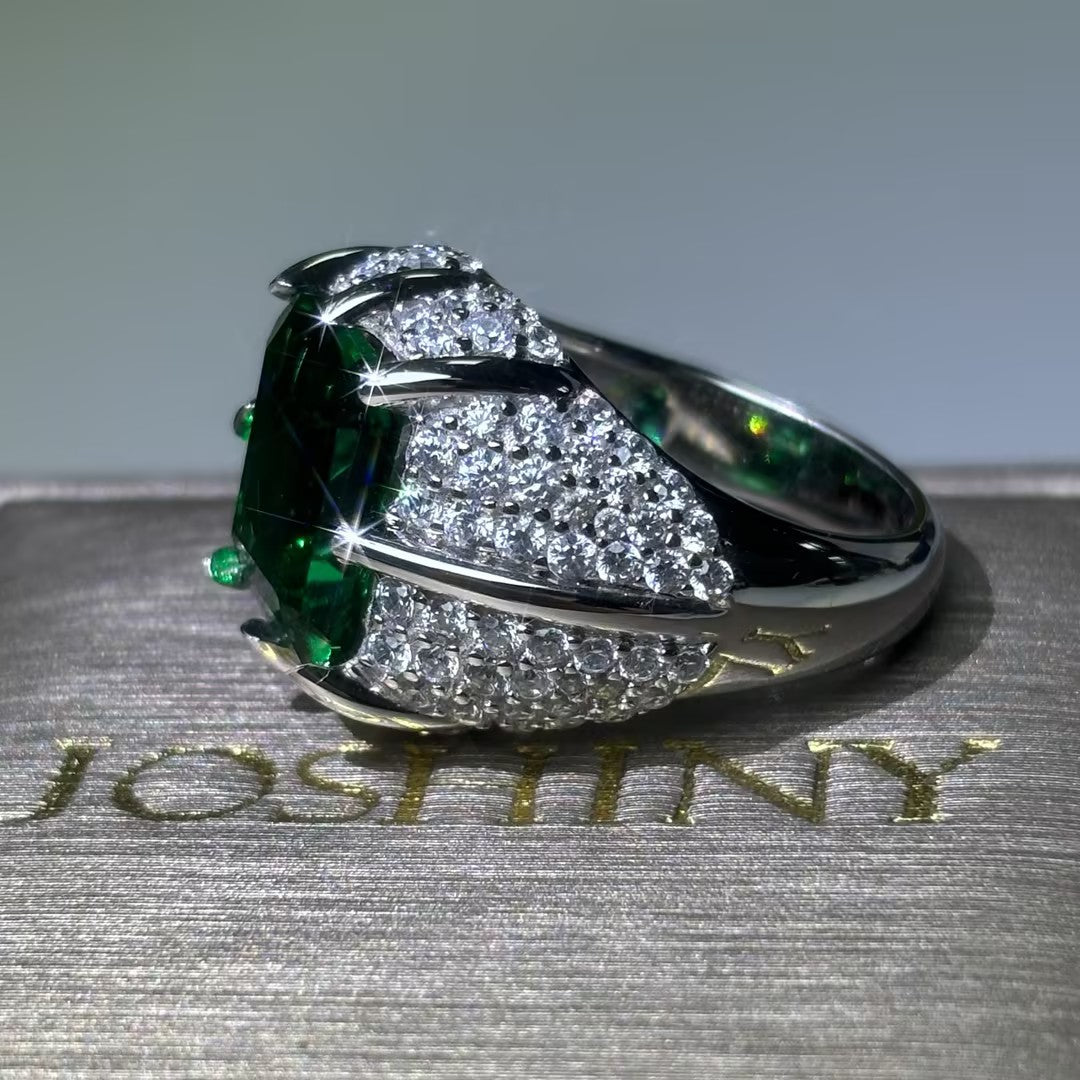 Elegant 8 ctw Emerald Cut Emerald Gemstone & Cushion Cut Sapphire Cocktail Ring -JOSHINY