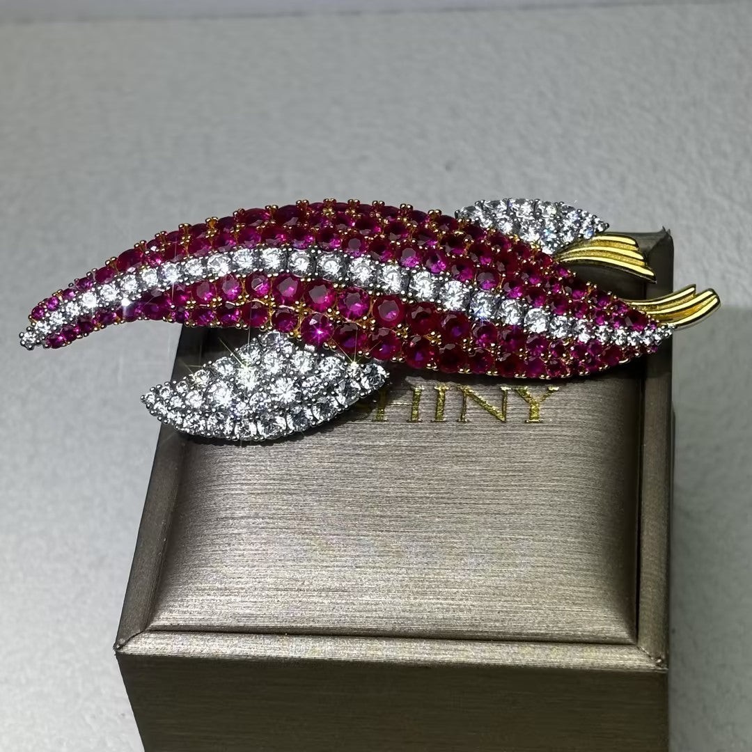 2.65 Ctw Round Cut White & Red Cubic Zirconias 925 Sterling Silver Double-leaf ruby brooch-JOSHINY