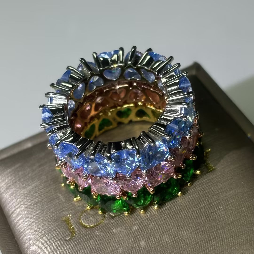 8.0Ctw Tricolor Heart-Shaped Gemstone Stacked Ring-JOSHINY