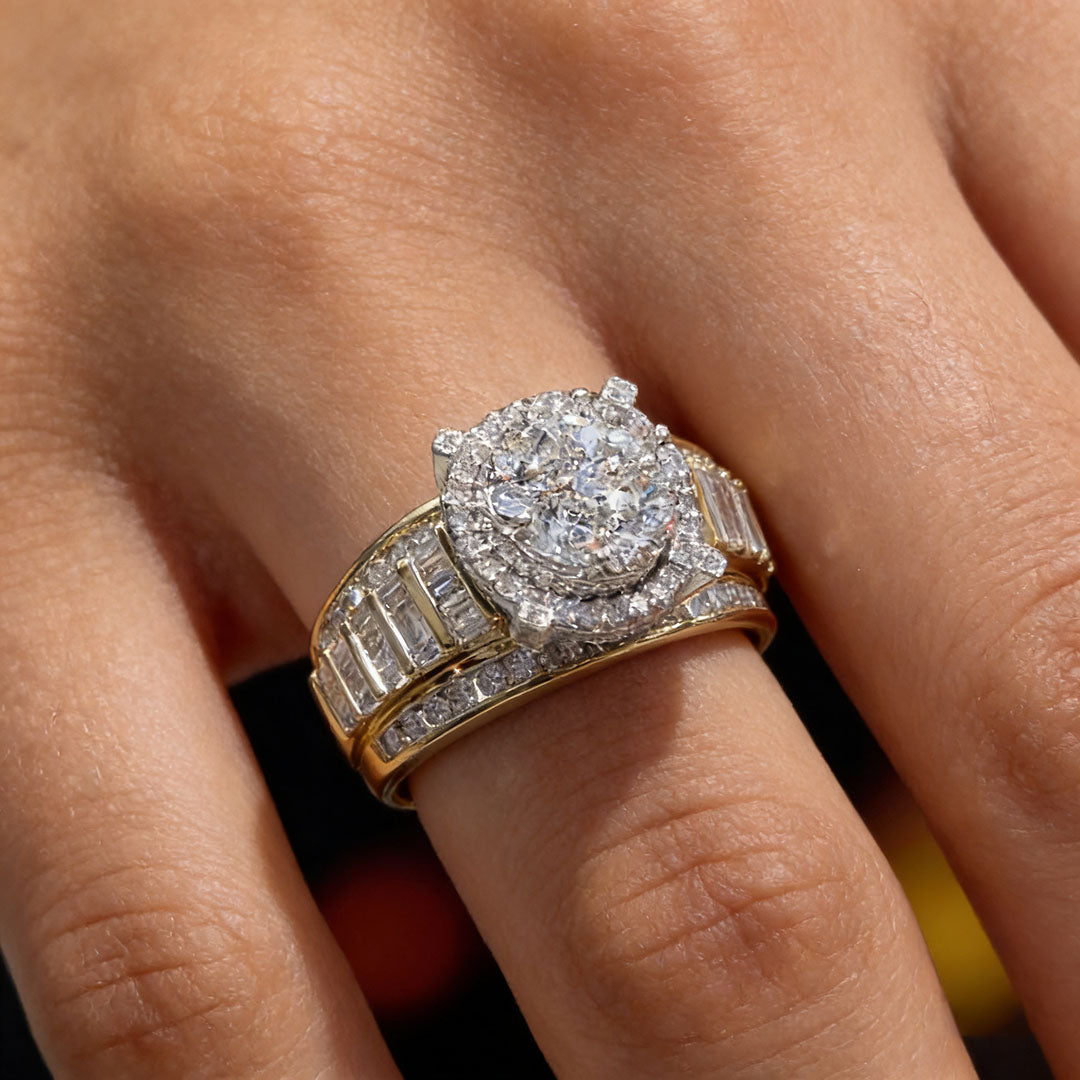 Luxury 4 ctw Round & Trapezoidal Cut White Gemstone Pavé Engagement Ring -JOSHINY