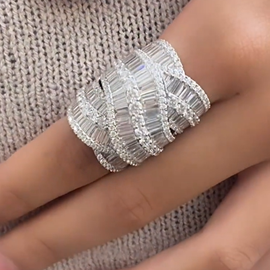 Gorgeous 8 ctw Trapezoidal & Round Cut White Gemstone Pavé Ring -JOSHINY