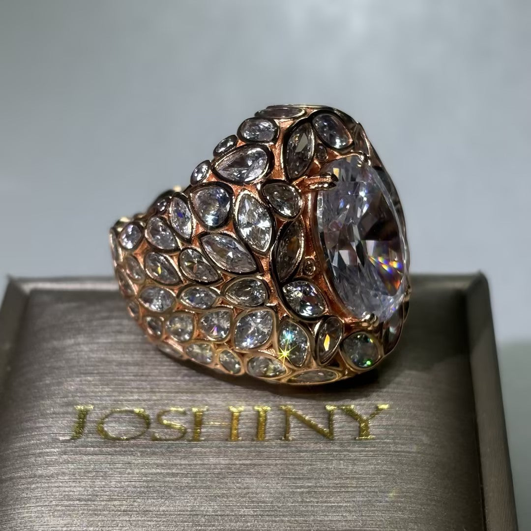 18ctw ultra luxury oval cut rose gold full diamond ring-JOSHINY