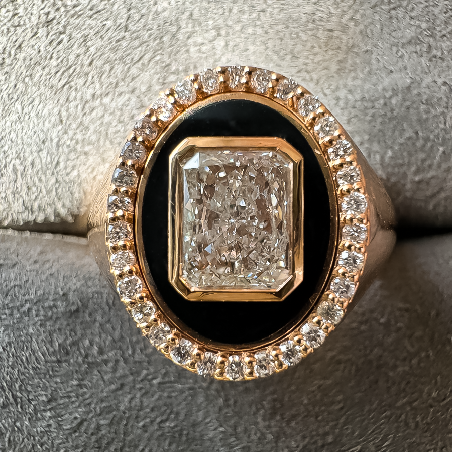 Fashionable 6 ctw Radiant Cut White Gemstone Black & White Signet Ring -JOSHINY