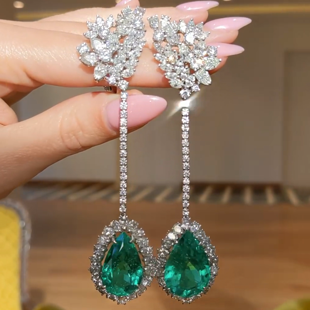 Gorgeous 12 ctw Pear Cut Emerald Chandelier Earrings -JOSHINY