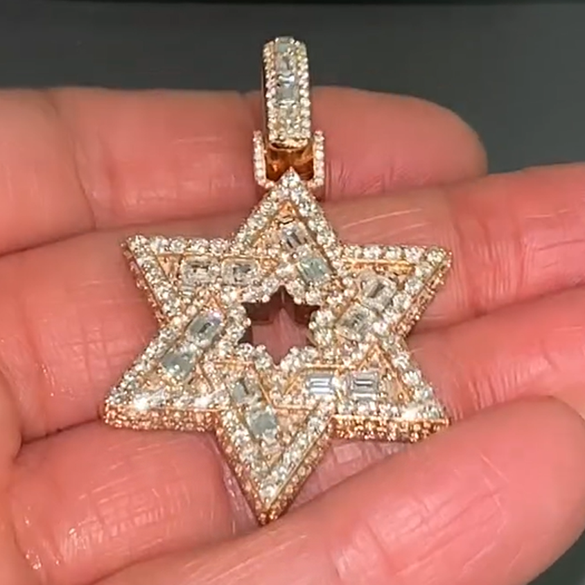 Gorgeous 2 ctw Baguette & Round Cut White Gemstone Pavé Pentagram Pendant -JOSHINY