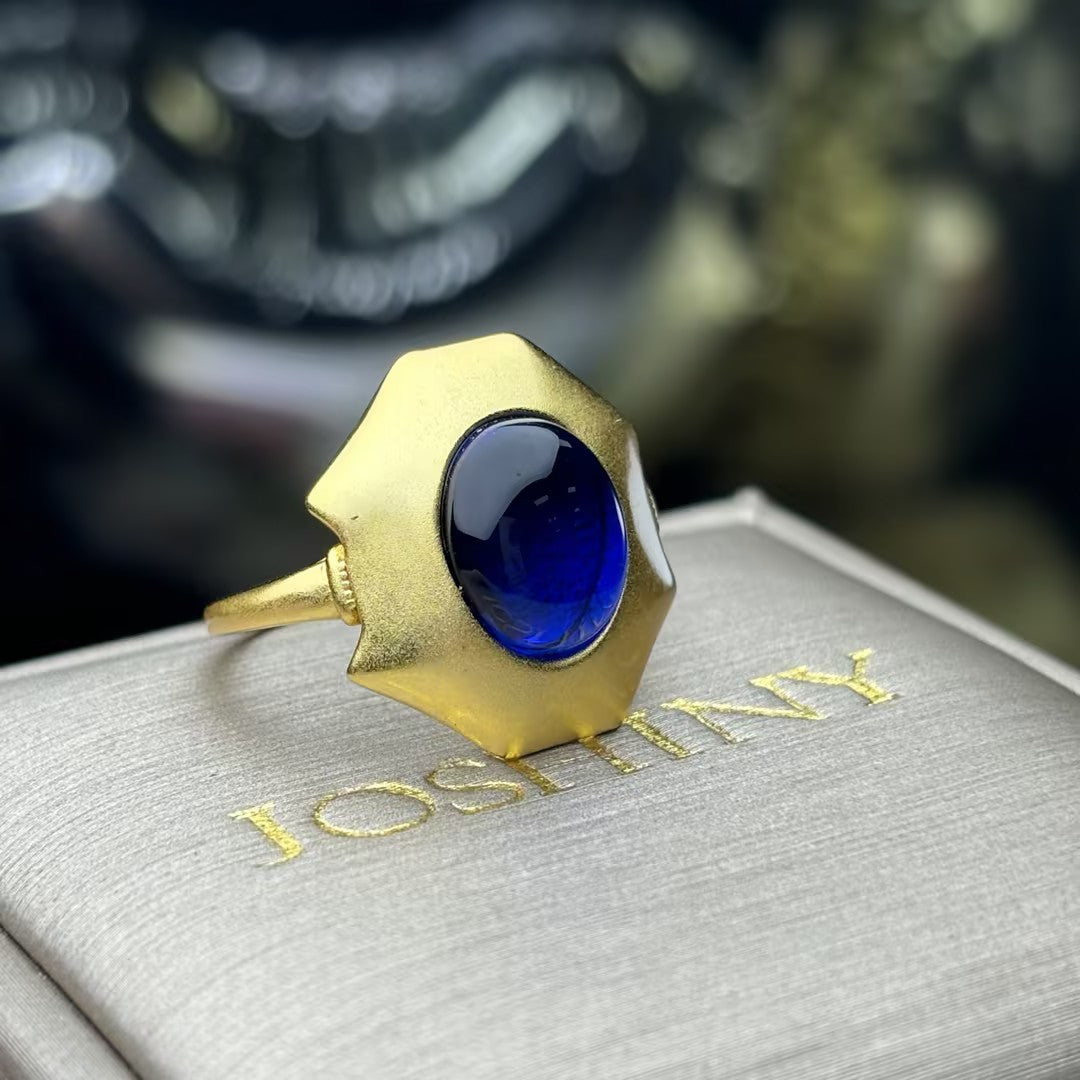 Cabochon-cut oval blue gemstone art ring-JOSHINY