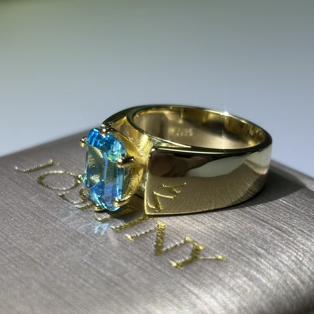 4 Carat Emerald-Cut Aquamarine & Sapphire Engagement Ring