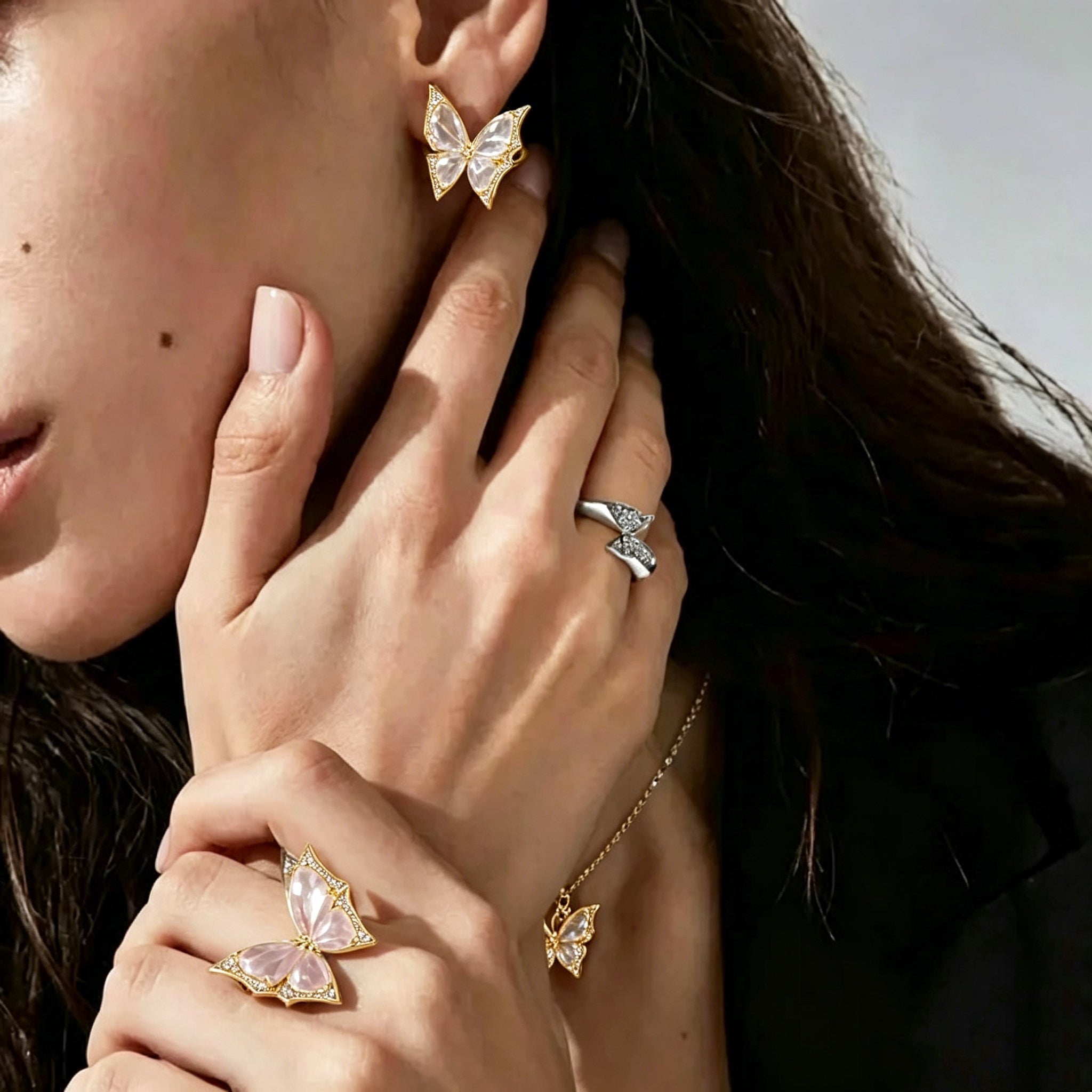 White Crystal Nightcrawler Ring, Necklace, and Earring Set-JOSHINY(Ring)