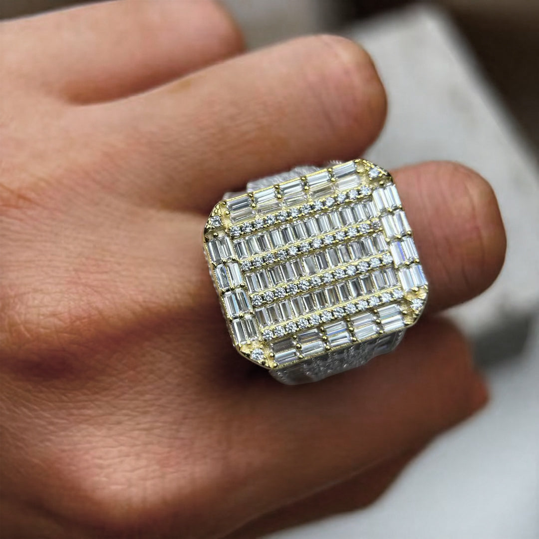 4.6ctw rectangular and round cut hip hop gold and silver ring-JOSHINY