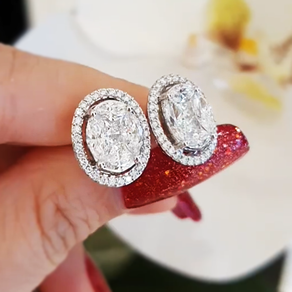 Exquisite 6 ctw Square & Marquise Cut White Gemstone Halo Stud Earrings -JOSHINY