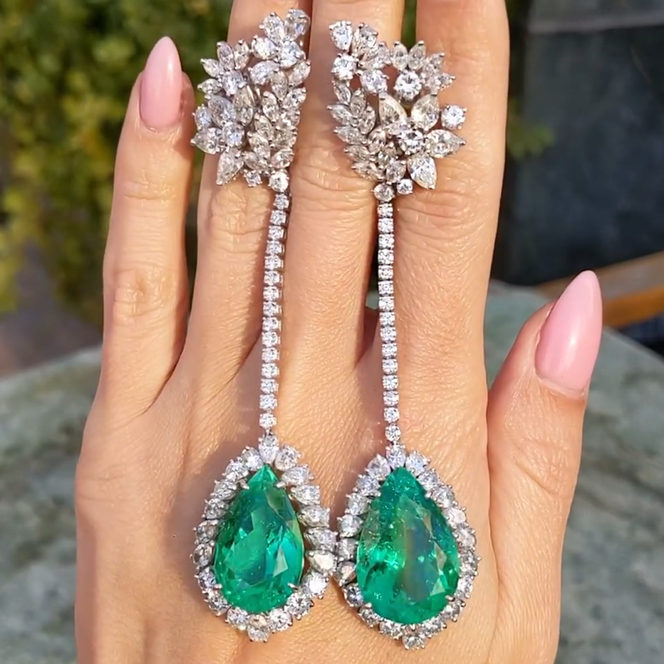 Gorgeous 12 ctw Pear Cut Emerald Chandelier Earrings -JOSHINY